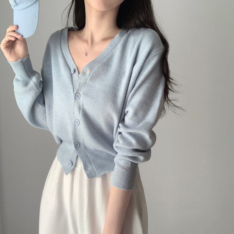 머피 데일리 브이넥 무지 버튼 허리잘록 여리 니트 긴팔 가디건 소라