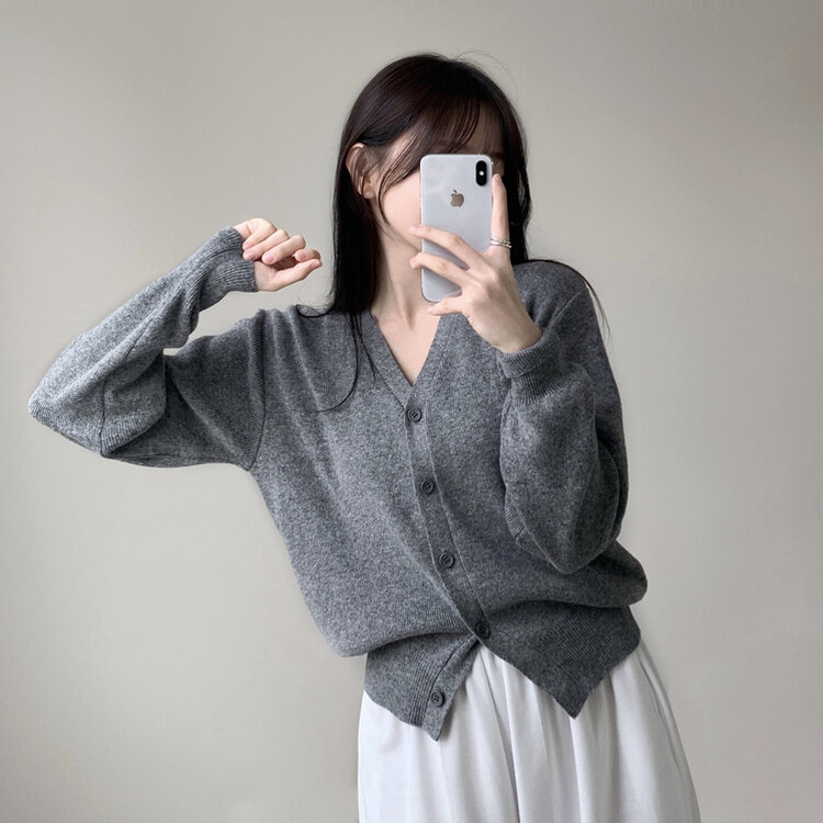 머피 데일리 브이넥 무지 버튼 허리잘록 여리 니트 긴팔 가디건 그레이