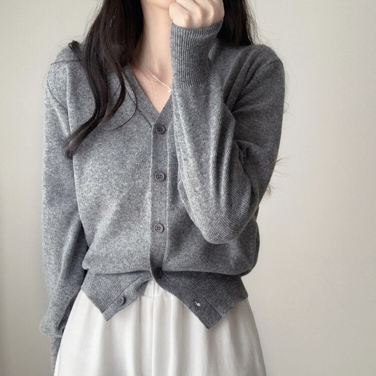 머피 데일리 브이넥 무지 버튼 허리잘록 여리 니트 긴팔 가디건 그레이