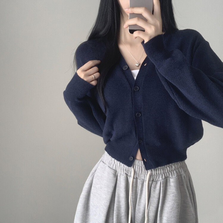 머피 데일리 브이넥 무지 버튼 허리잘록 여리 니트 긴팔 가디건 네이비