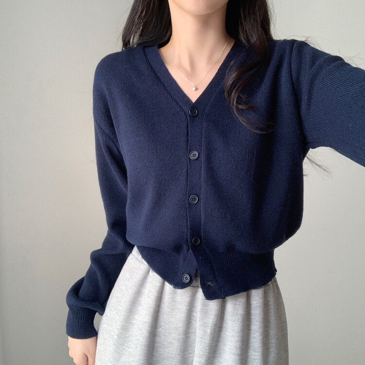 머피 데일리 브이넥 무지 버튼 허리잘록 여리 니트 긴팔 가디건 네이비