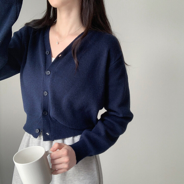 머피 데일리 브이넥 무지 버튼 허리잘록 여리 니트 긴팔 가디건 네이비