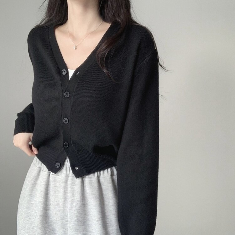 머피 데일리 브이넥 무지 버튼 허리잘록 여리 니트 긴팔 가디건 블랙
