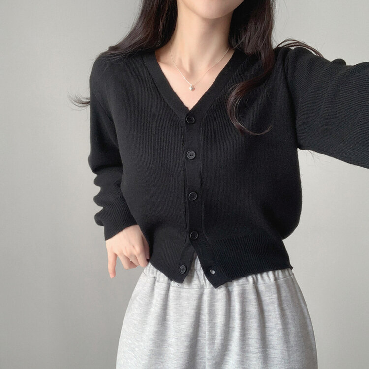 머피 데일리 브이넥 무지 버튼 허리잘록 여리 니트 긴팔 가디건 블랙