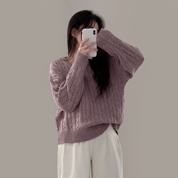 몽글몽글한 색감 꽈배기 브이넥 루즈핏 니트 10color 퍼플