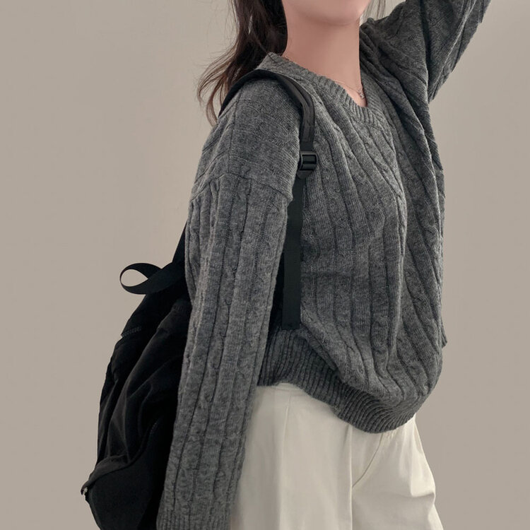 몽글몽글한 색감 꽈배기 브이넥 루즈핏 니트 10color 차콜