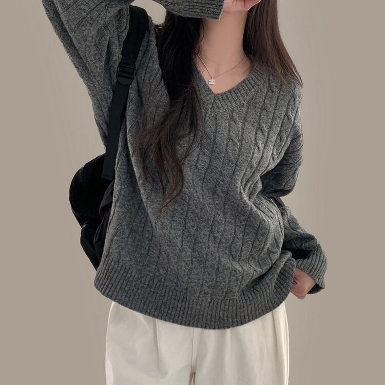 몽글몽글한 색감 꽈배기 브이넥 루즈핏 니트 10color 차콜