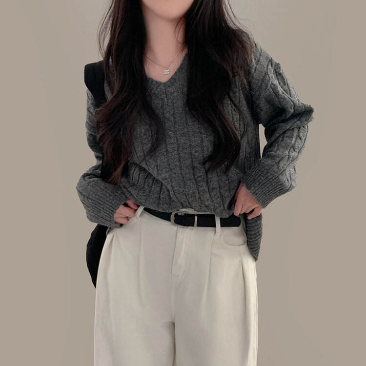 몽글몽글한 색감 꽈배기 브이넥 루즈핏 니트 10color 차콜