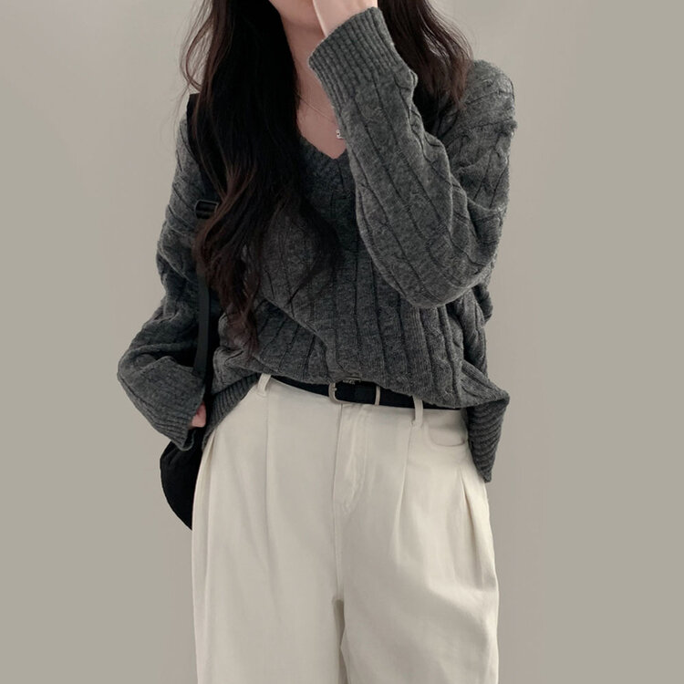 몽글몽글한 색감 꽈배기 브이넥 루즈핏 니트 10color 차콜