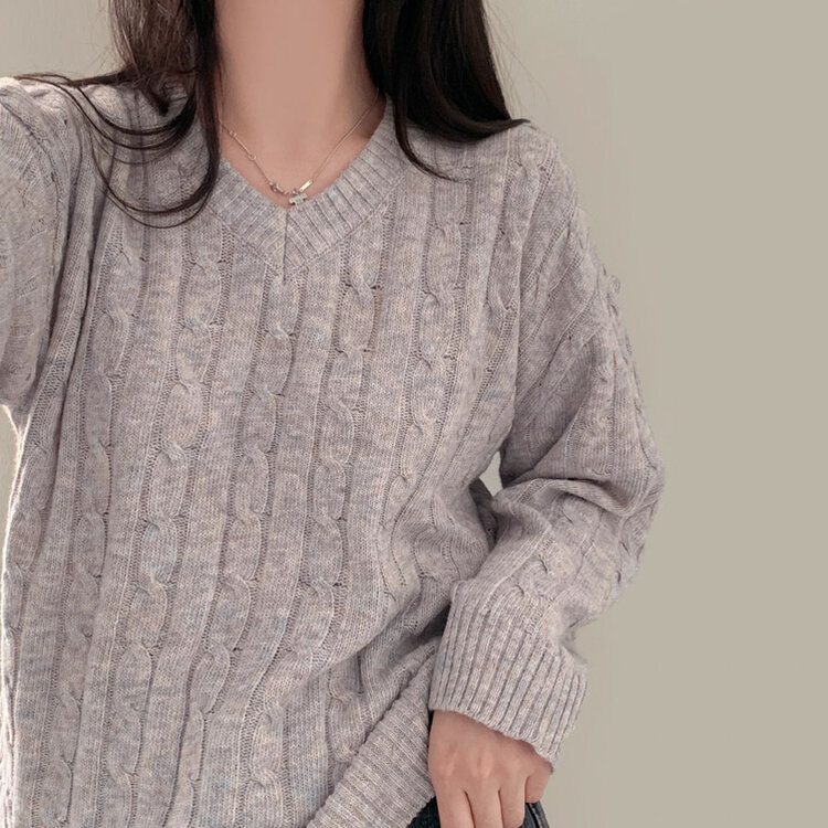 몽글몽글한 색감 꽈배기 브이넥 루즈핏 니트 10color 스킨베리