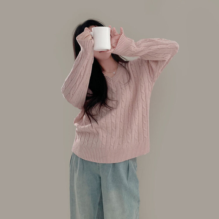 몽글몽글한 색감 꽈배기 브이넥 루즈핏 니트 10color 연핑크