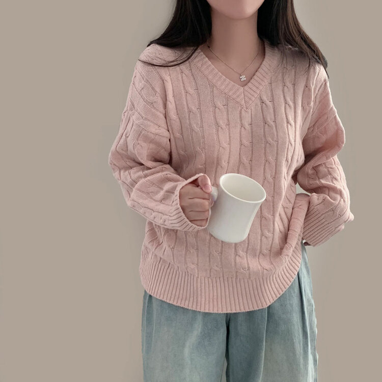 몽글몽글한 색감 꽈배기 브이넥 루즈핏 니트 10color 연핑크