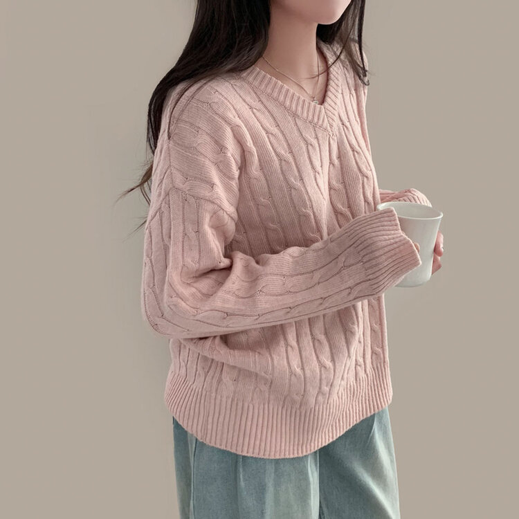 몽글몽글한 색감 꽈배기 브이넥 루즈핏 니트 10color 연핑크