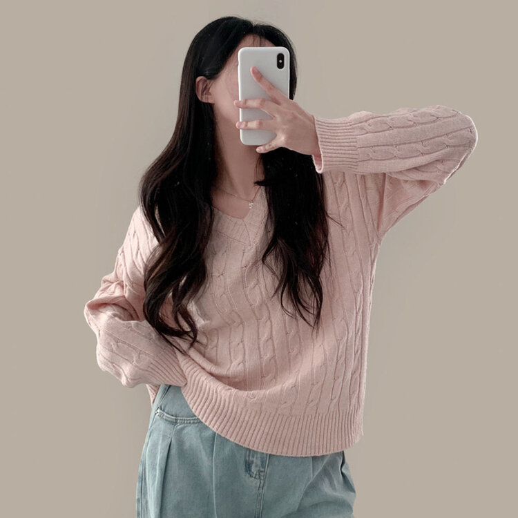 몽글몽글한 색감 꽈배기 브이넥 루즈핏 니트 10color 연핑크