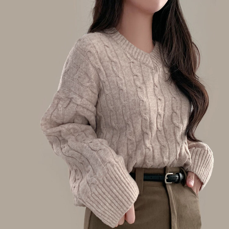 몽글몽글한 색감 꽈배기 브이넥 루즈핏 니트 10color 오트밀