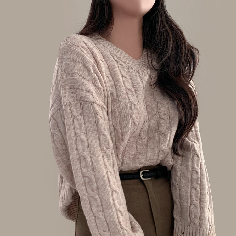 몽글몽글한 색감 꽈배기 브이넥 루즈핏 니트 10color 오트밀