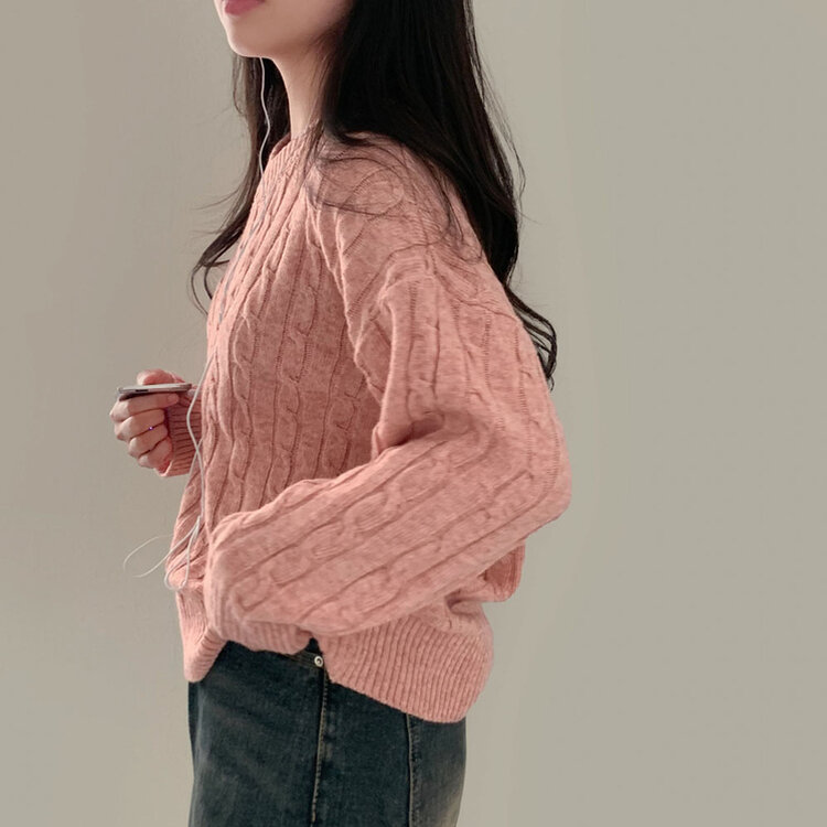 몽글몽글한 색감 꽈배기 브이넥 루즈핏 니트 10color 핑크