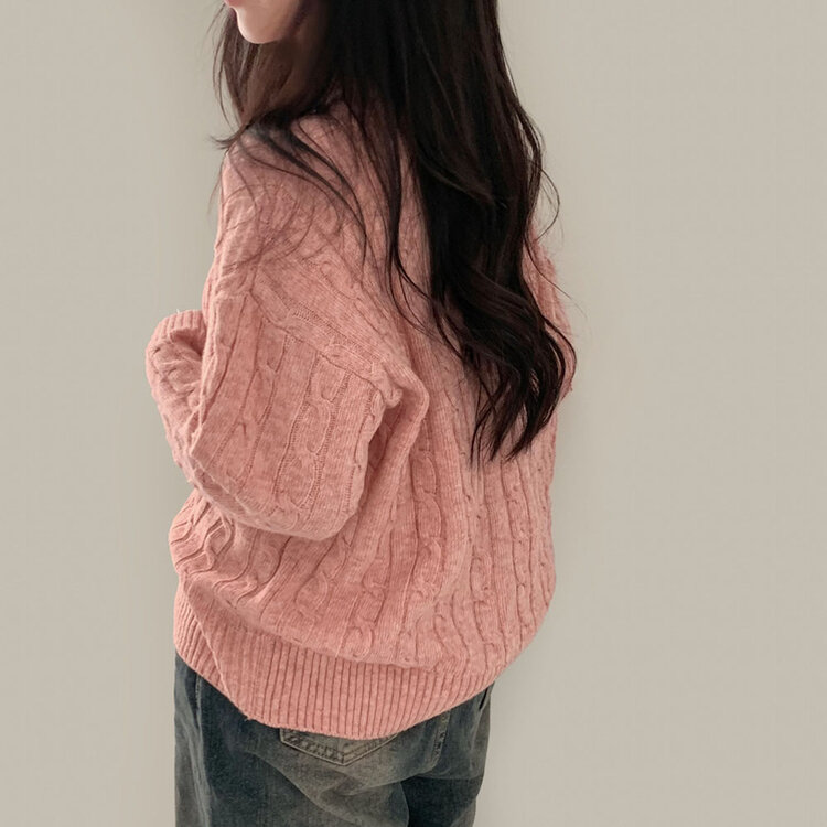 몽글몽글한 색감 꽈배기 브이넥 루즈핏 니트 10color 핑크