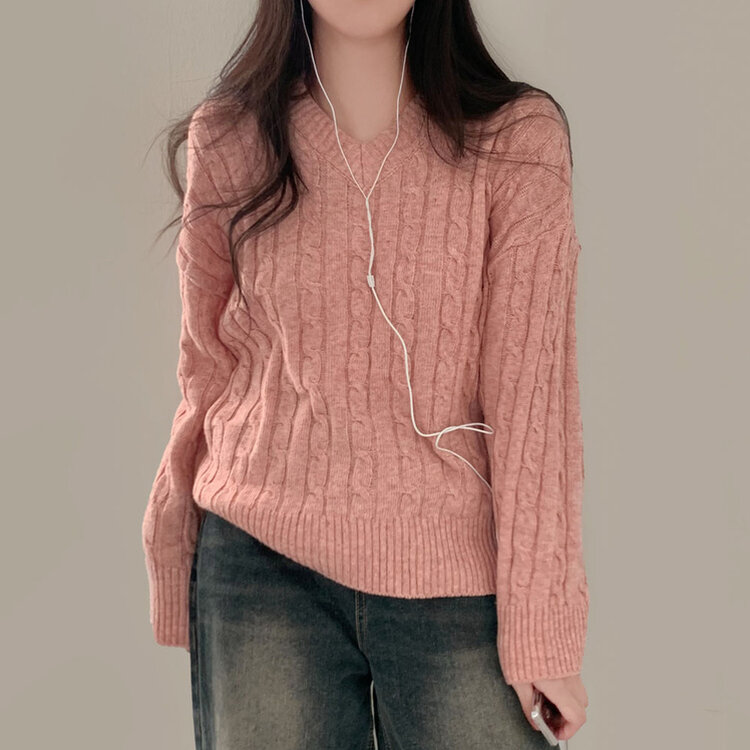 몽글몽글한 색감 꽈배기 브이넥 루즈핏 니트 10color 핑크