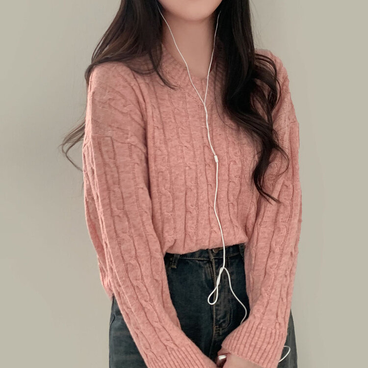 몽글몽글한 색감 꽈배기 브이넥 루즈핏 니트 10color 핑크