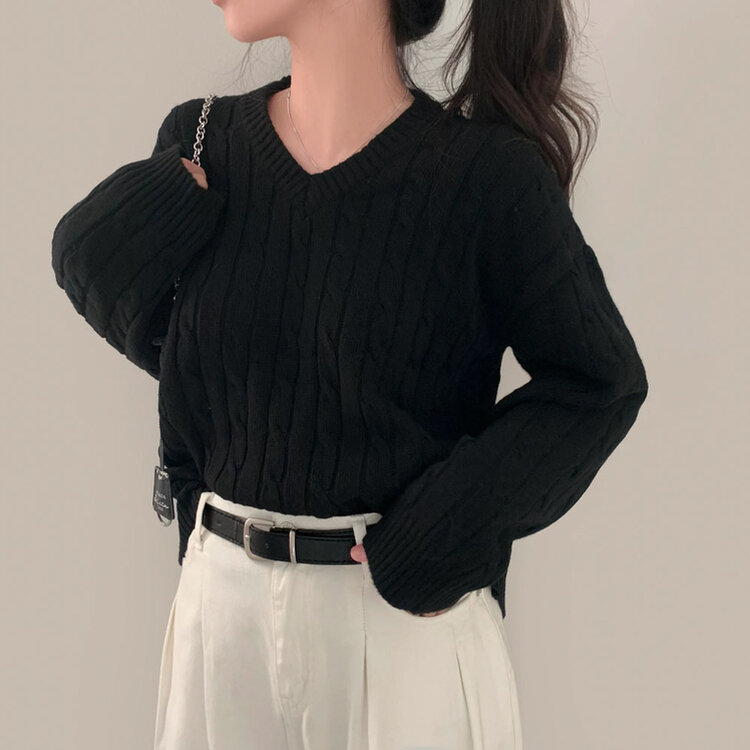 몽글몽글한 색감 꽈배기 브이넥 루즈핏 니트 10color 블랙