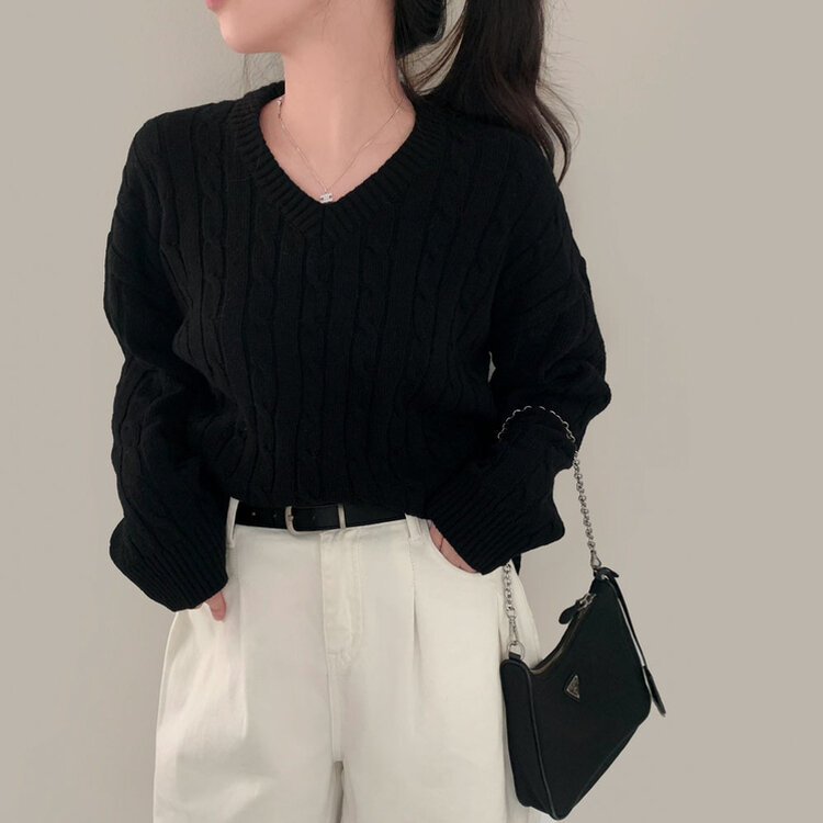 몽글몽글한 색감 꽈배기 브이넥 루즈핏 니트 10color 블랙