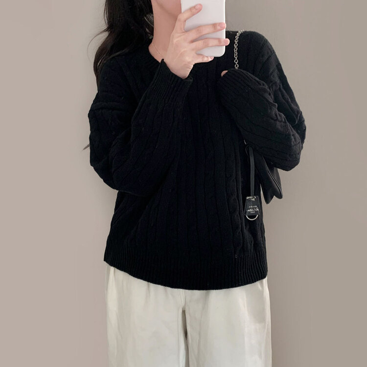 몽글몽글한 색감 꽈배기 브이넥 루즈핏 니트 10color 블랙