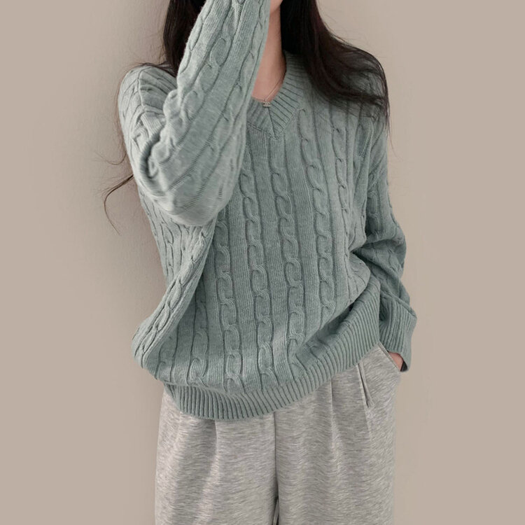 몽글몽글한 색감 꽈배기 브이넥 루즈핏 니트 10color 민트