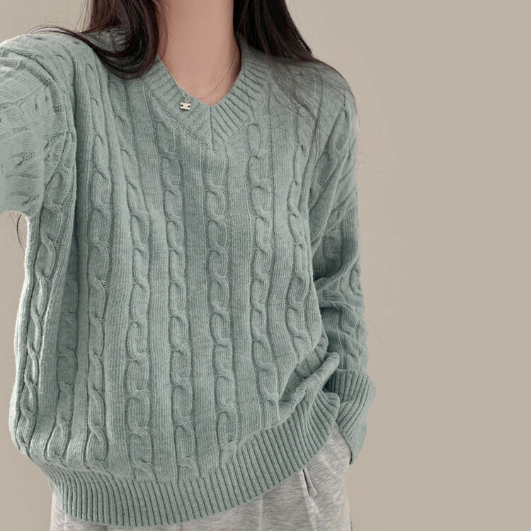 몽글몽글한 색감 꽈배기 브이넥 루즈핏 니트 10color 민트