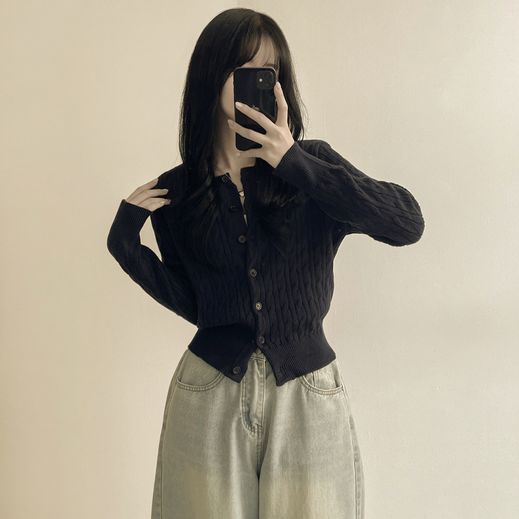 꽈배기 라운드 케이블 기본 세미크롭 긴팔 겨울가디건 곤색