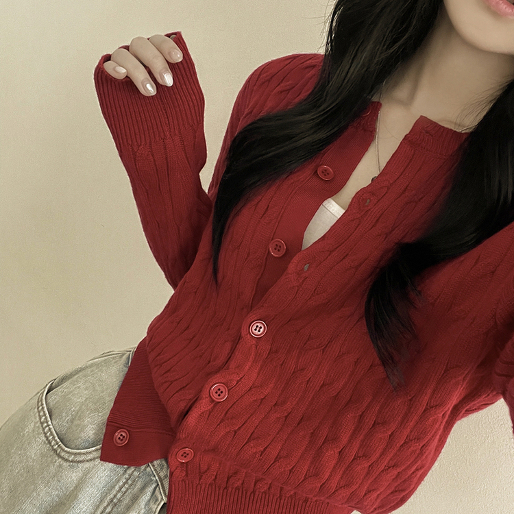 꽈배기 라운드 케이블 기본 세미크롭 긴팔 겨울가디건 레드