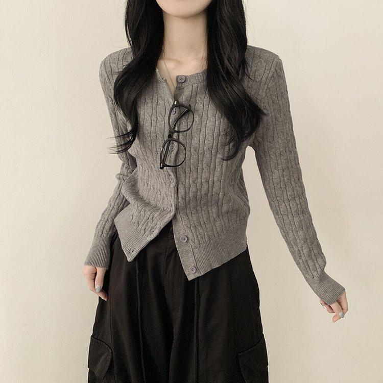 꽈배기 라운드 케이블 기본 세미크롭 긴팔 겨울가디건 그레이