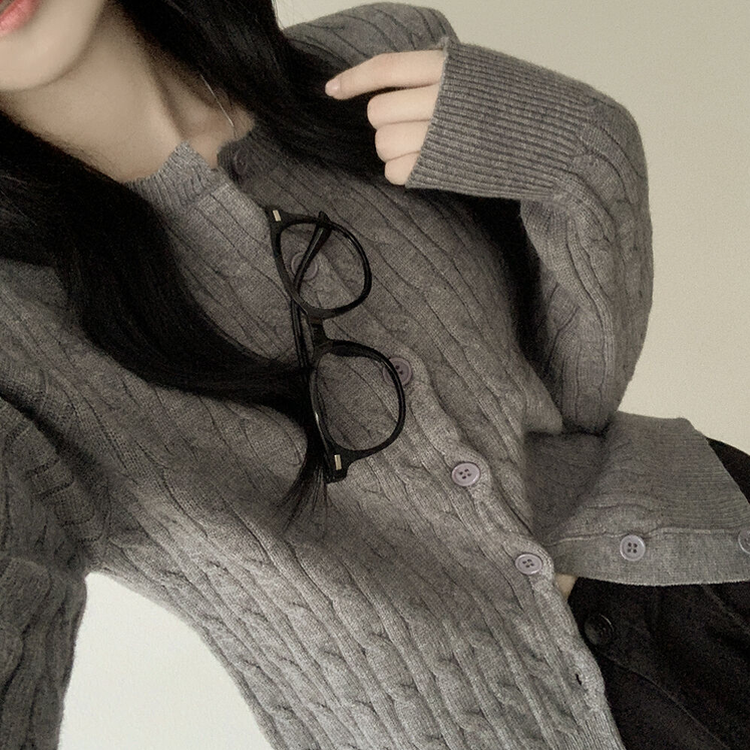 꽈배기 라운드 케이블 기본 세미크롭 긴팔 겨울가디건 그레이