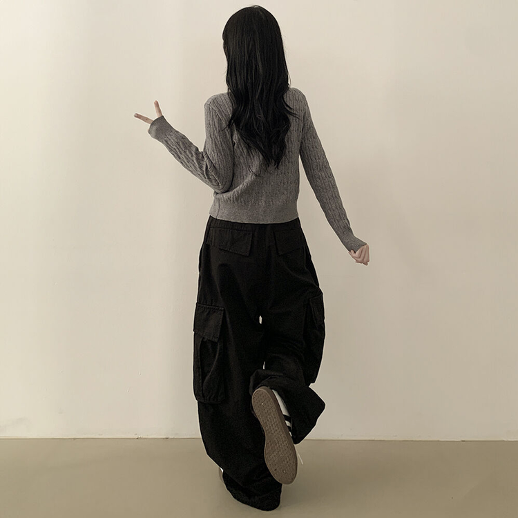 꽈배기 라운드 케이블 기본 세미크롭 긴팔 겨울가디건 그레이