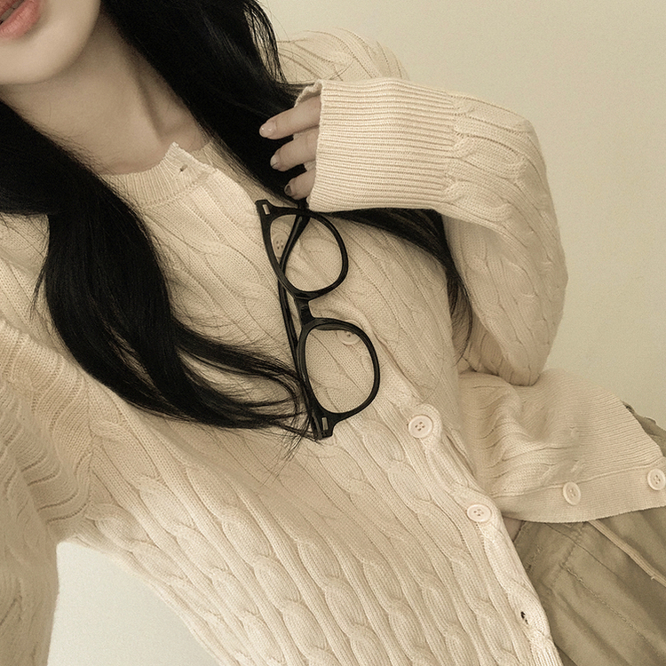 꽈배기 라운드 케이블 기본 세미크롭 긴팔 겨울가디건 아이보리