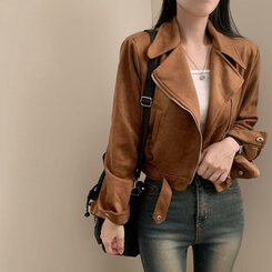 소프트 크롭 스웨이드 라이더 자켓 브라운