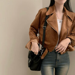 소프트 크롭 스웨이드 라이더 자켓 브라운