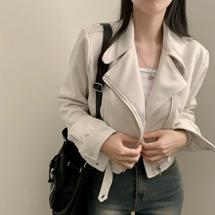 소프트 크롭 스웨이드 라이더 자켓 베이지