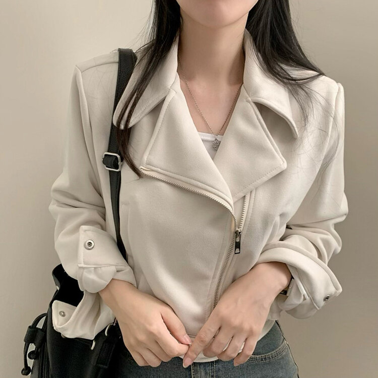 소프트 크롭 스웨이드 라이더 자켓 베이지