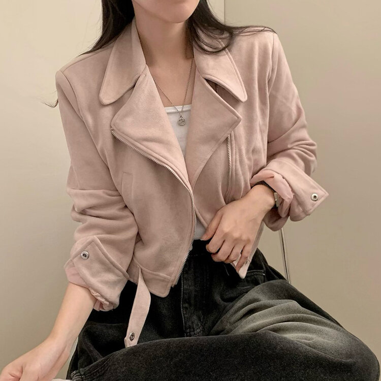 소프트 크롭 스웨이드 라이더 자켓 핑크