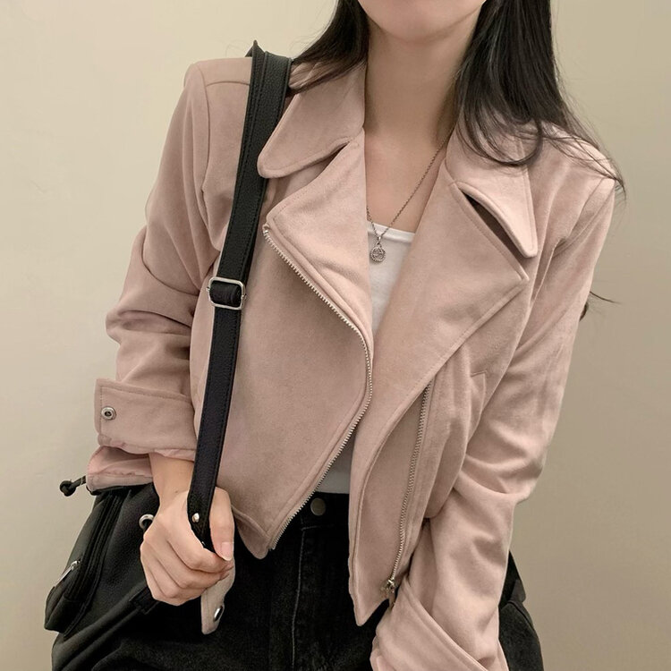 소프트 크롭 스웨이드 라이더 자켓 핑크