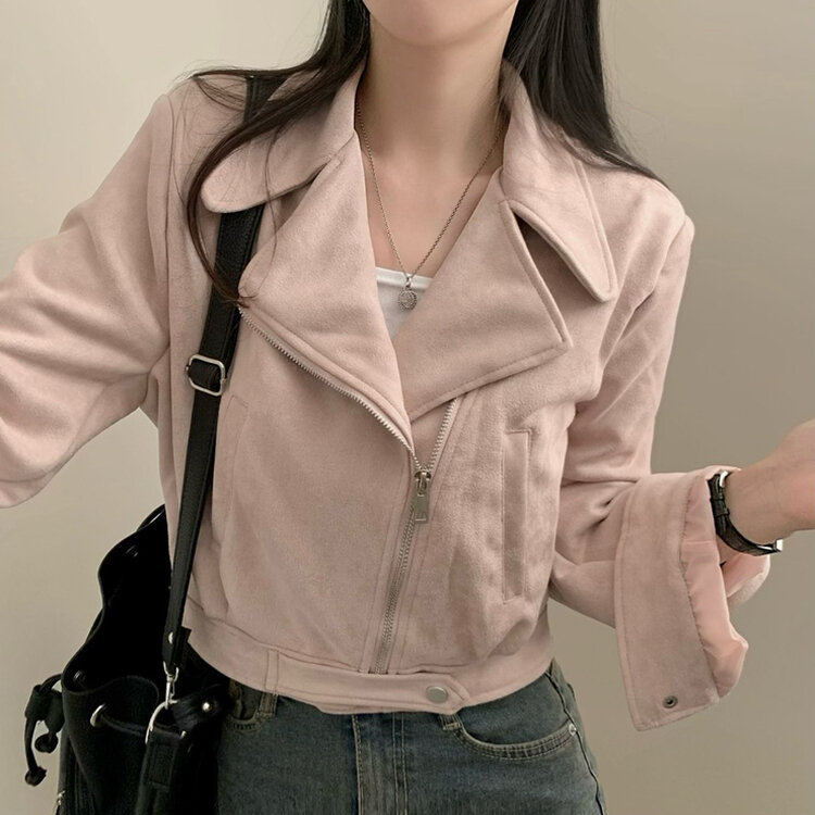 소프트 크롭 스웨이드 라이더 자켓 핑크