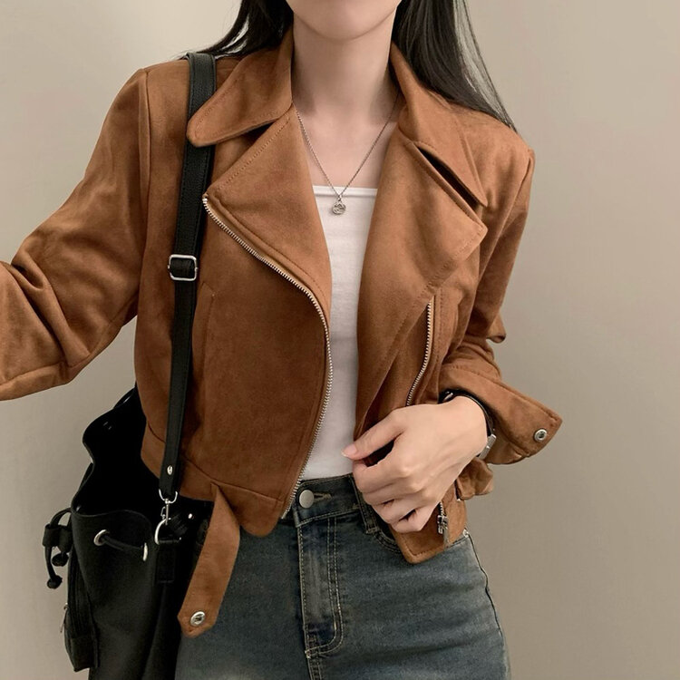 소프트 크롭 스웨이드 라이더 자켓 브라운