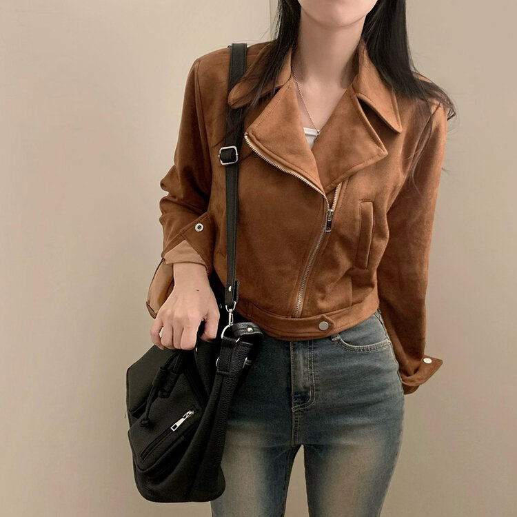 소프트 크롭 스웨이드 라이더 자켓 브라운