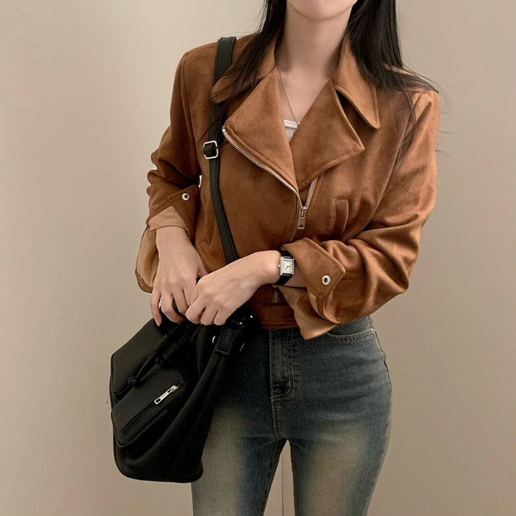 소프트 크롭 스웨이드 라이더 자켓 브라운