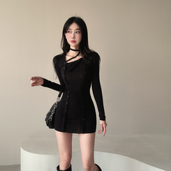 SOP26496 リブチョーカーニットワンピース ミニワンピース - lovensome