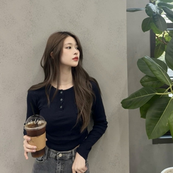 長袖Tシャツ サイドシャーリングスナップボタン長袖Tシャツ8色 NAVY