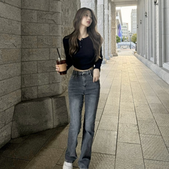 長袖Tシャツ サイドシャーリングスナップボタン長袖Tシャツ8色 NAVY
