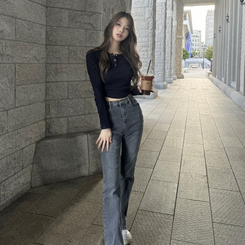 長袖Tシャツ サイドシャーリングスナップボタン長袖Tシャツ8色 NAVY