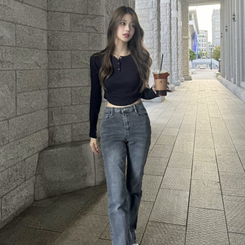 長袖Tシャツ サイドシャーリングスナップボタン長袖Tシャツ8色 NAVY